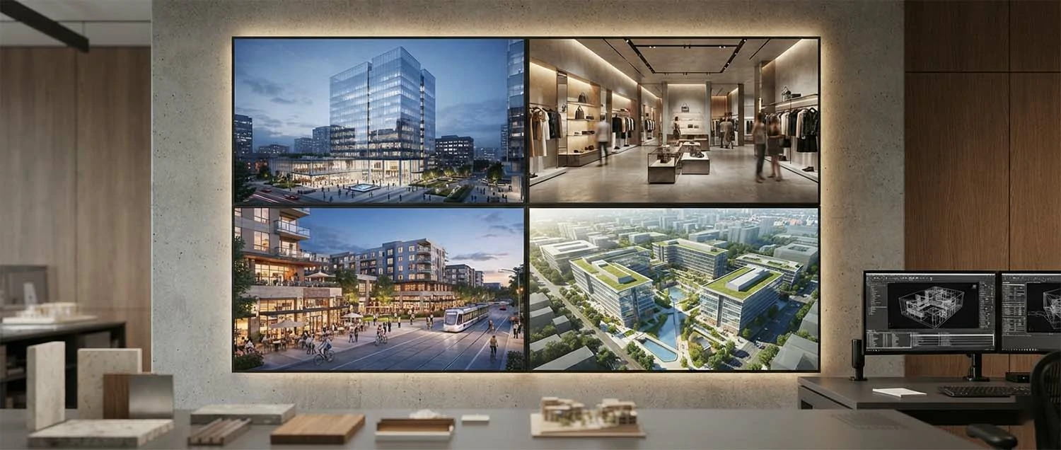 Commercial rendering examples showing a modern office tower