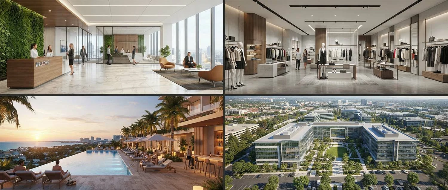 Commercial visualisation examples showing modern office lobby