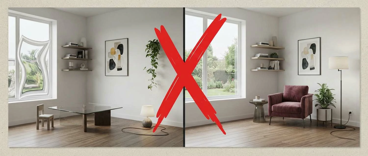 Common AI interior mistakes crossed out beside their fixes