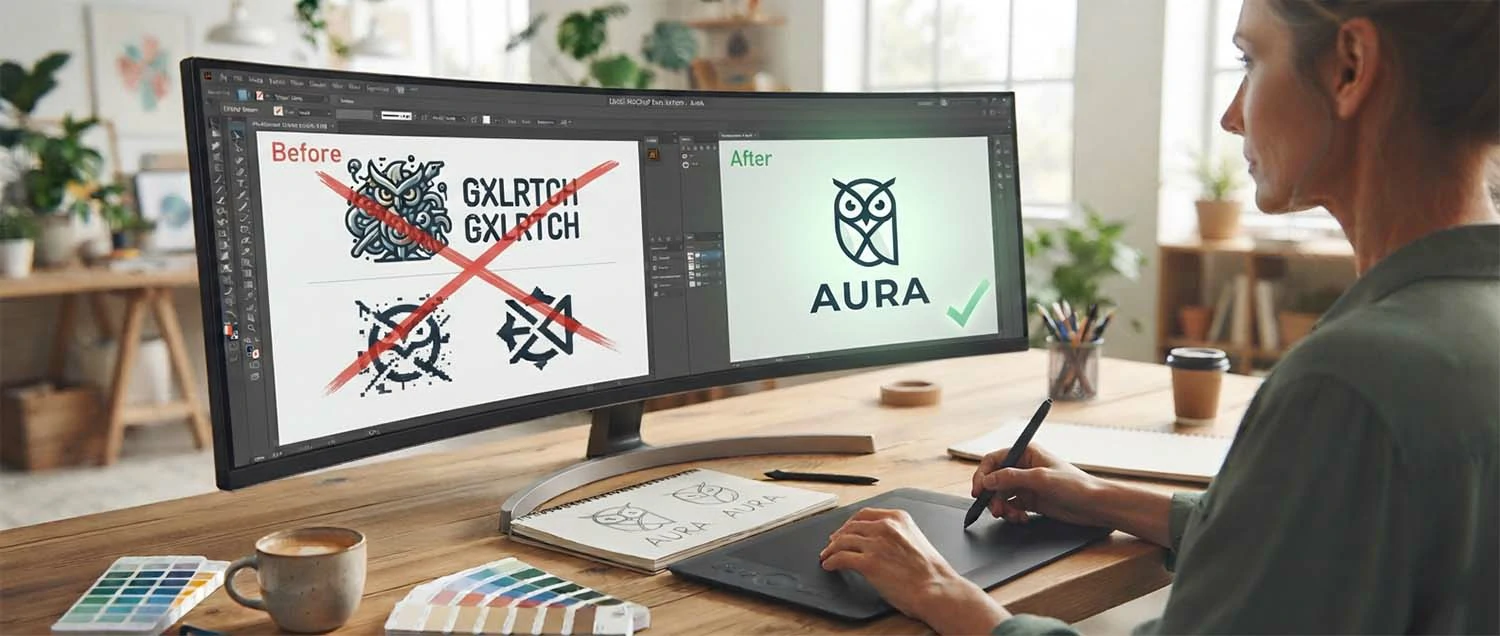 Common AI logo mistakes crossed out beside their fixes~1