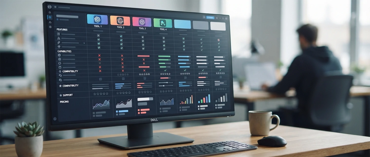 Comparison chart showing AI architecture tools with features and pricing