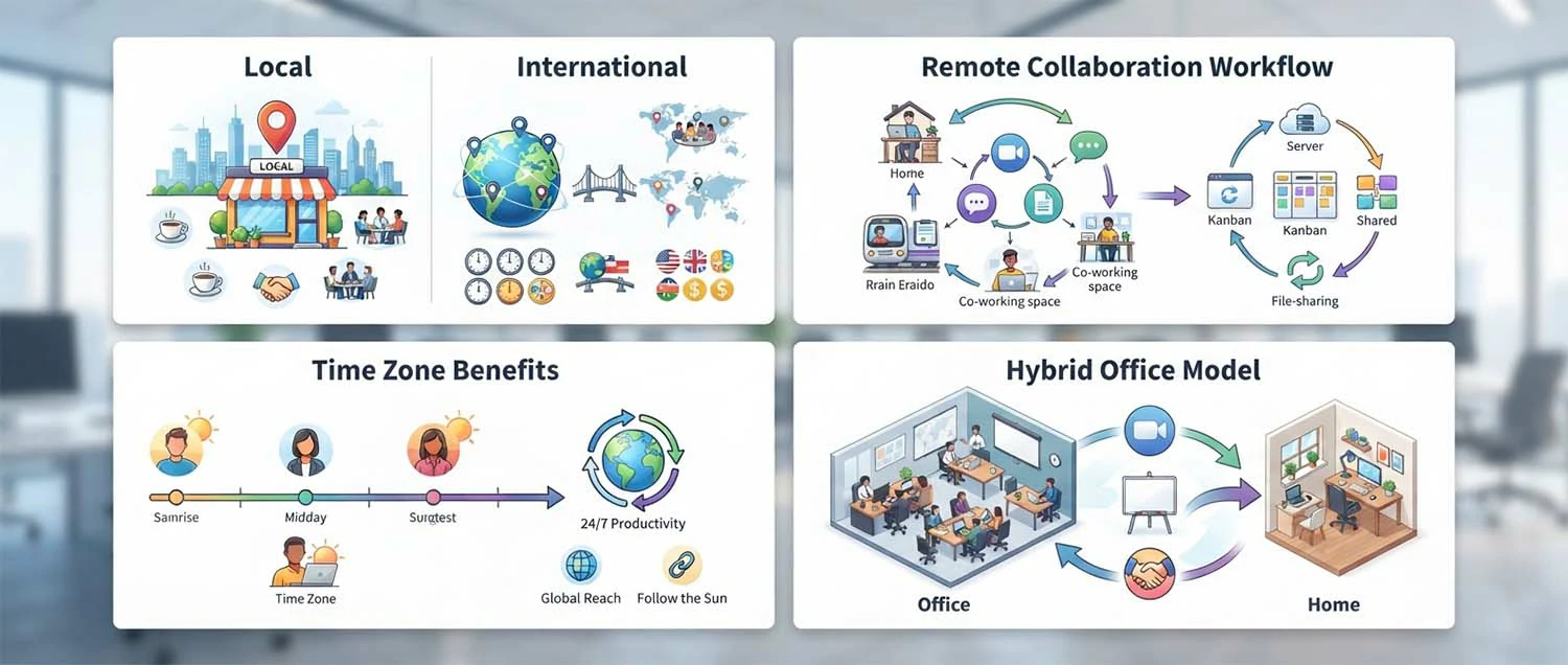 Comparison infographic showing local vs international studio advantages