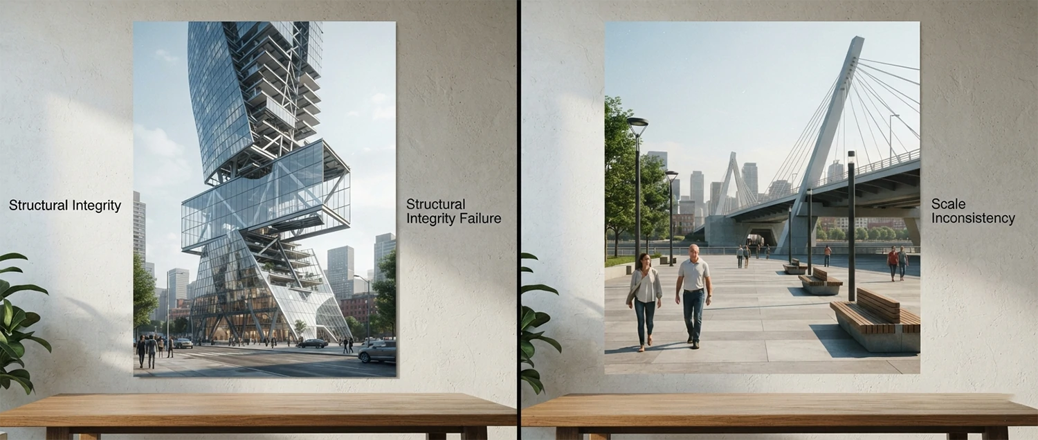 Comparison showing AI design limitations including structural and scale issues