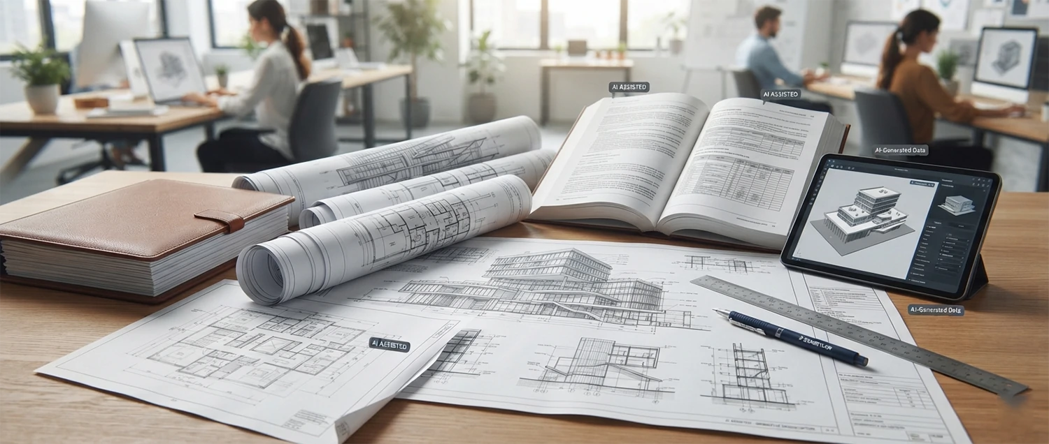 Construction documentation set showing AI-generated drawings and specifications