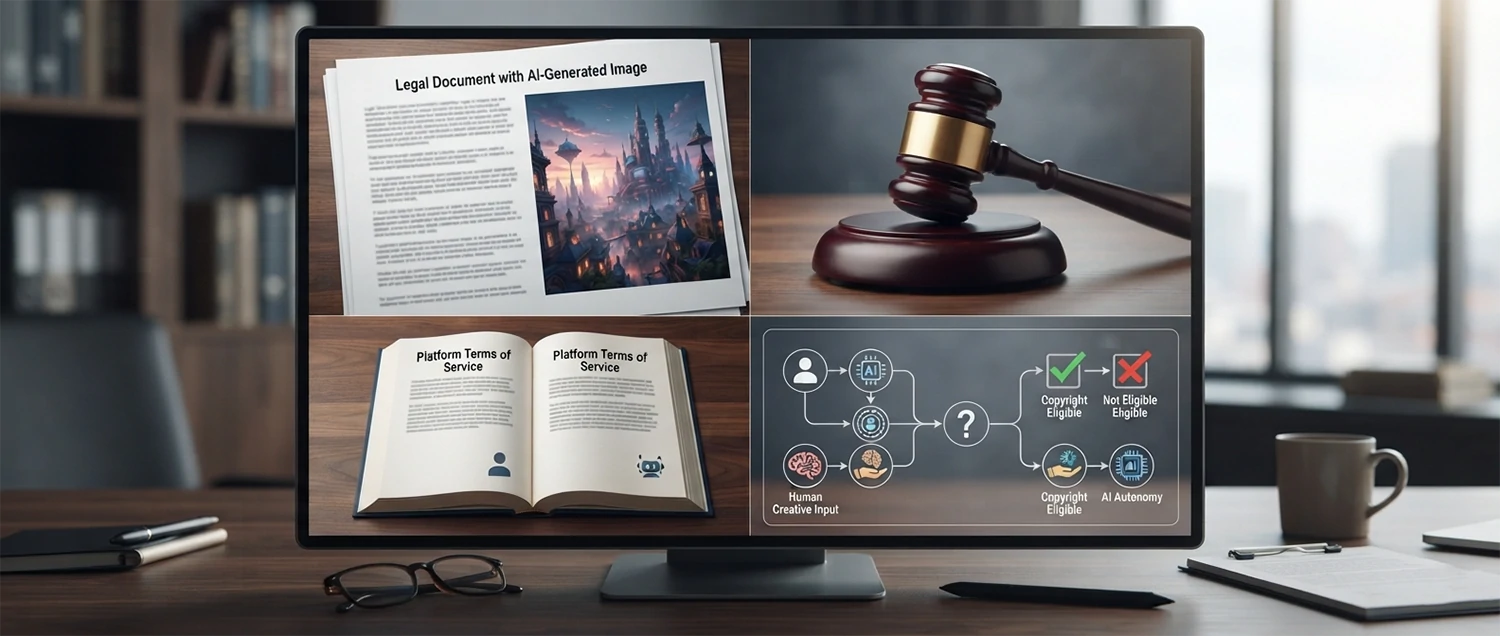 Copyright illustration showing legal document with AI-generated image