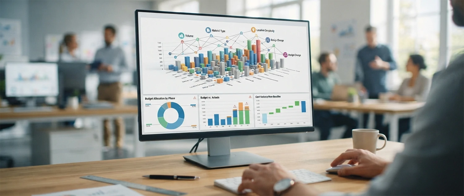 Cost estimation dashboard showing parametric cost model and budget analysis