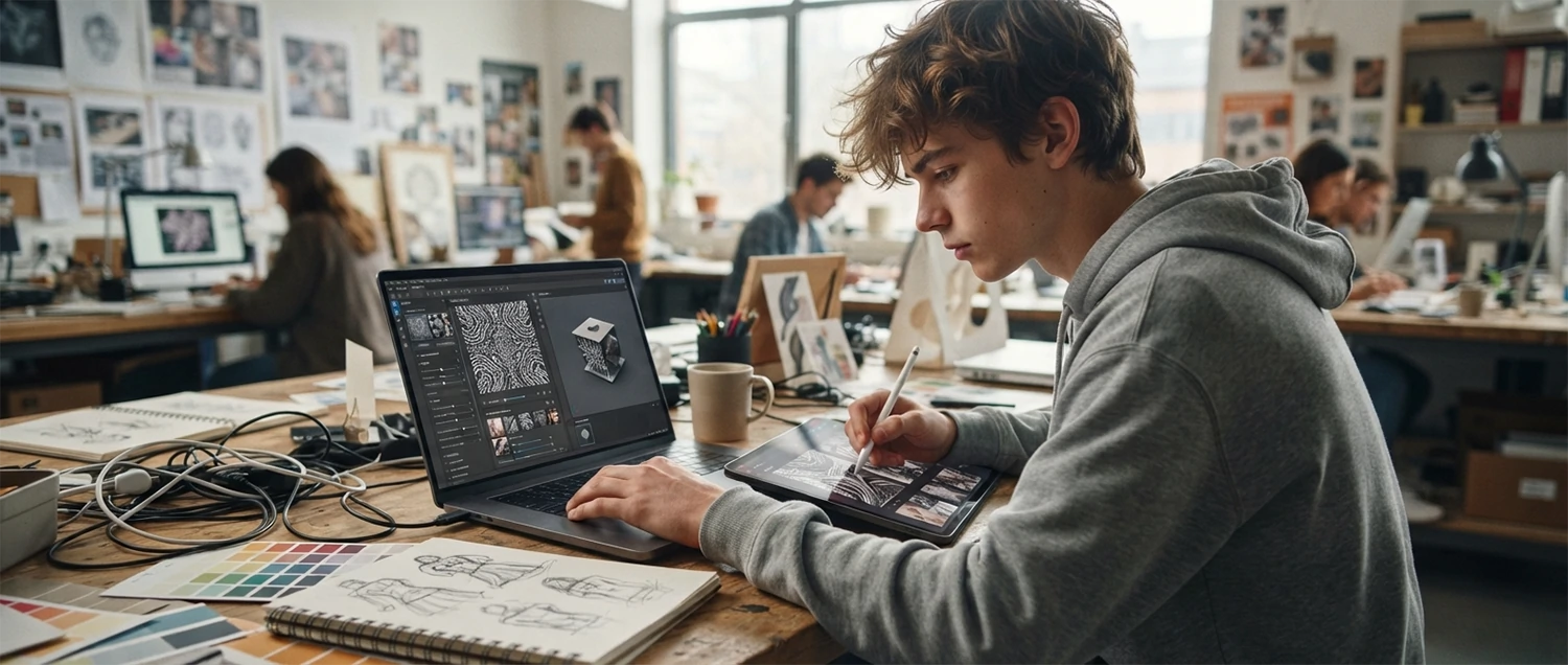 Design student using AI tools in educational studio setting