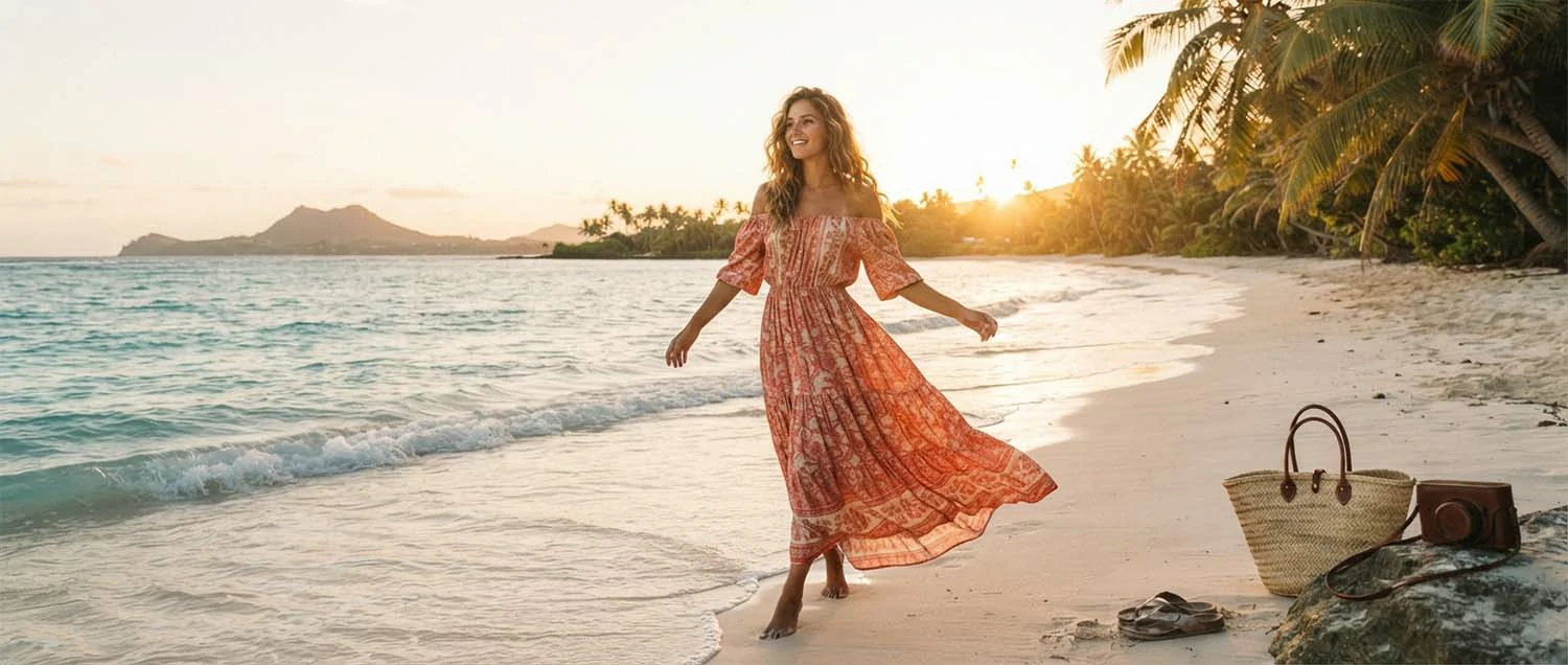 Destination photo shoot on a tropical beach with the subject in a flowy dress capturing