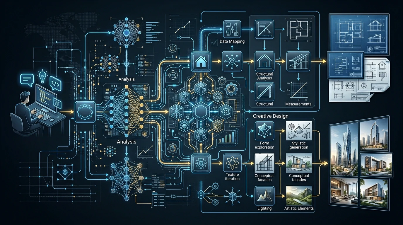 Diagram showing how AI architecture generators process prompts to create designs
