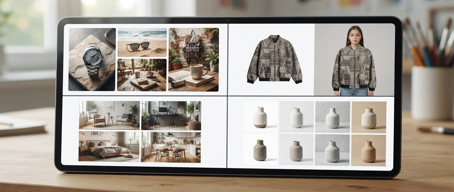 E-commerce examples showing AI-generated product photos in lifestyle settings