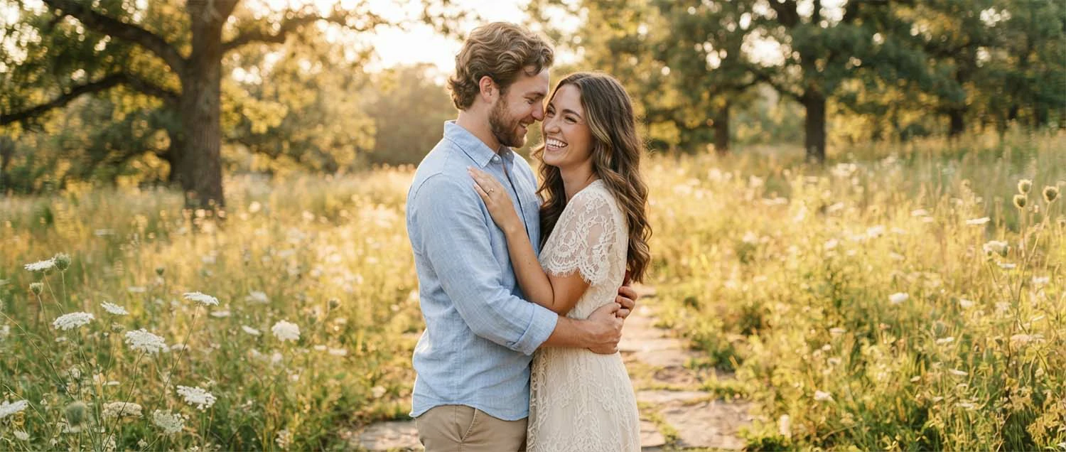Engagement photo shoot with a happy couple embracing in a beautiful outdoor setting