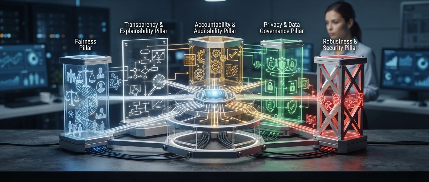Ethical AI architecture framework showing principles and best practice guidelines