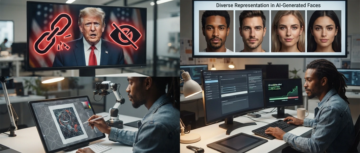 Ethics illustration showing deepfake warning symbols