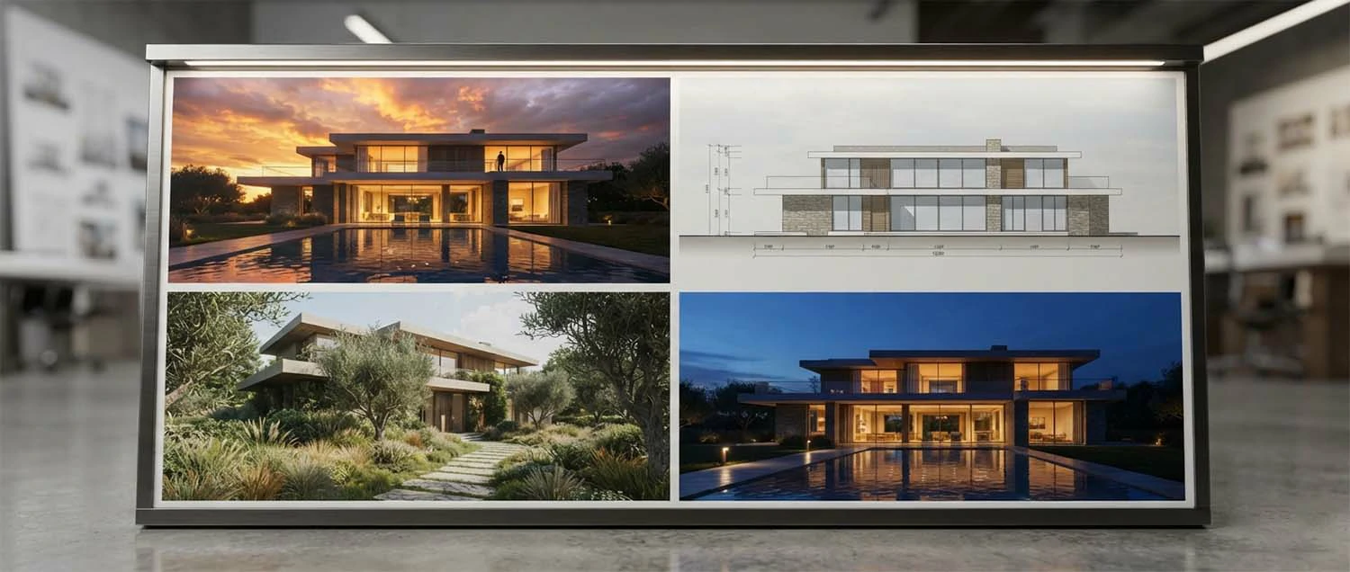 Exterior rendering examples showing a hero shot with dramatic lighting