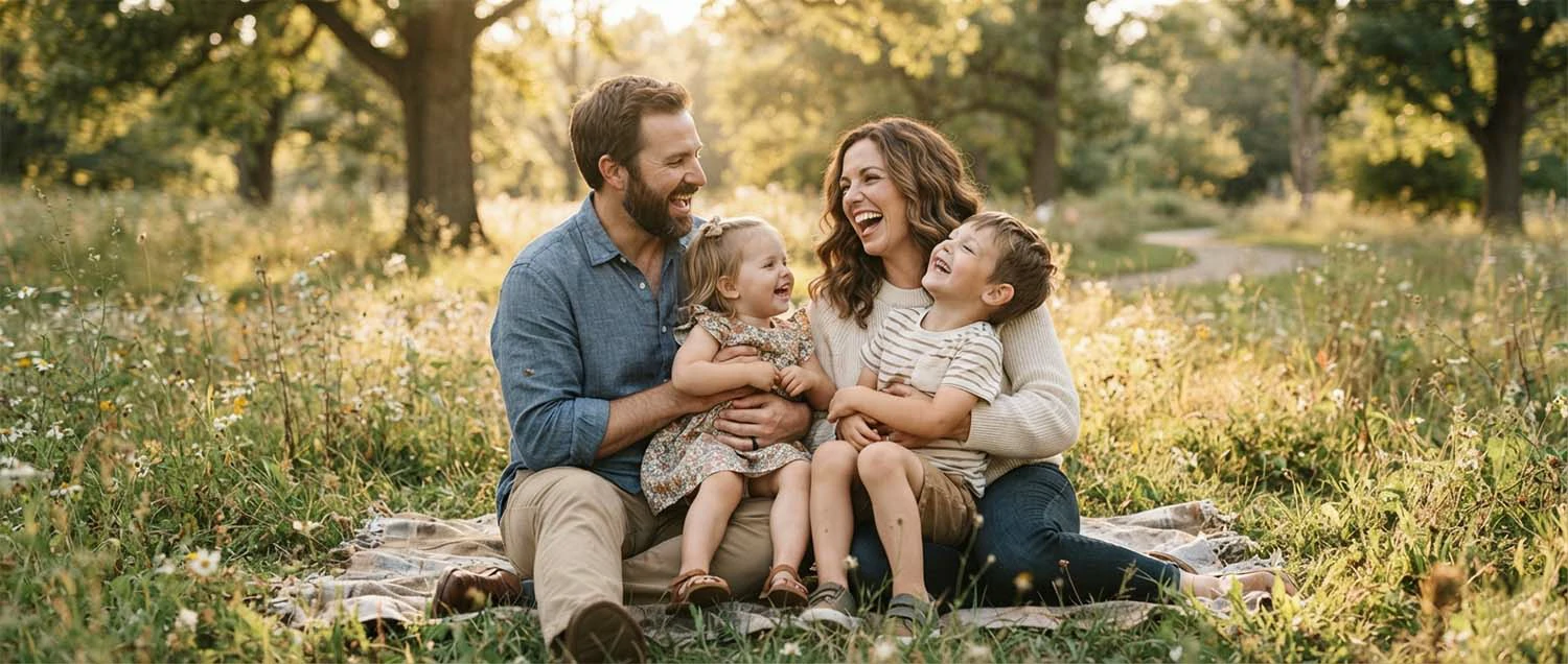 Family photo shoot with parents and children laughing together in a natural outdoor setting
