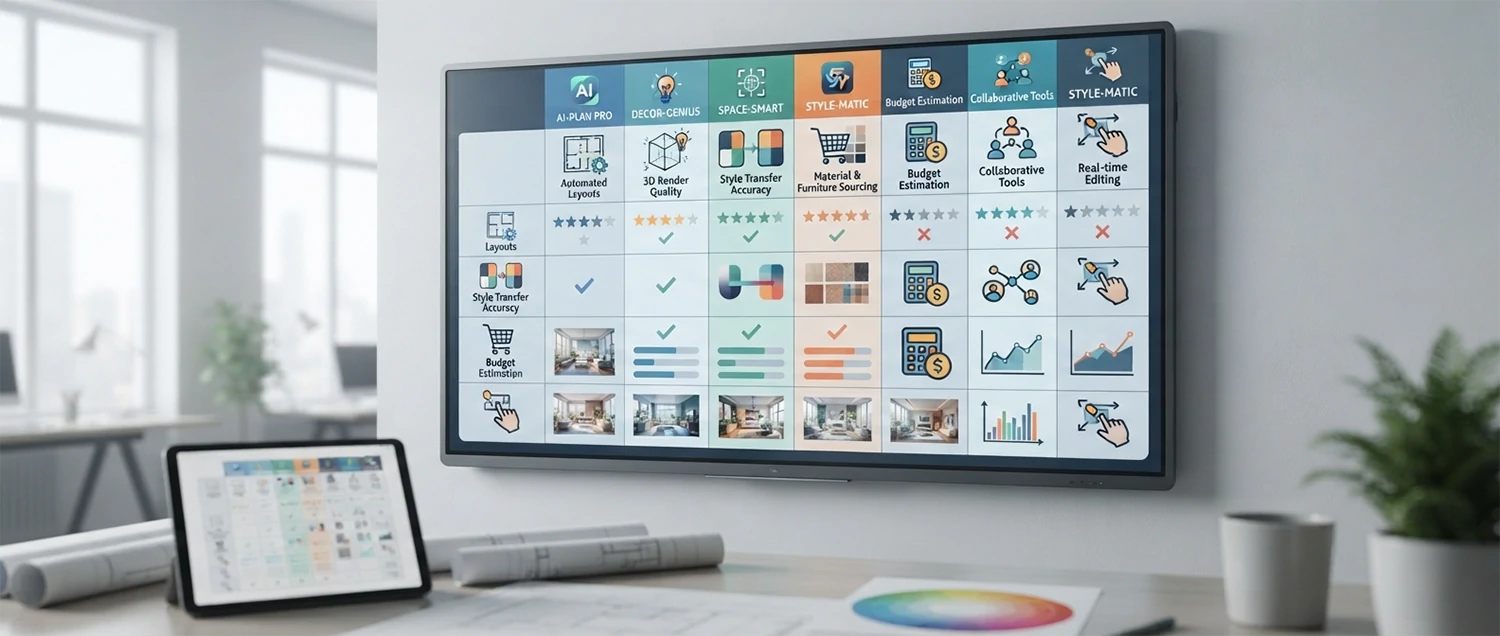Feature comparison matrix chart showing AI interior design tools