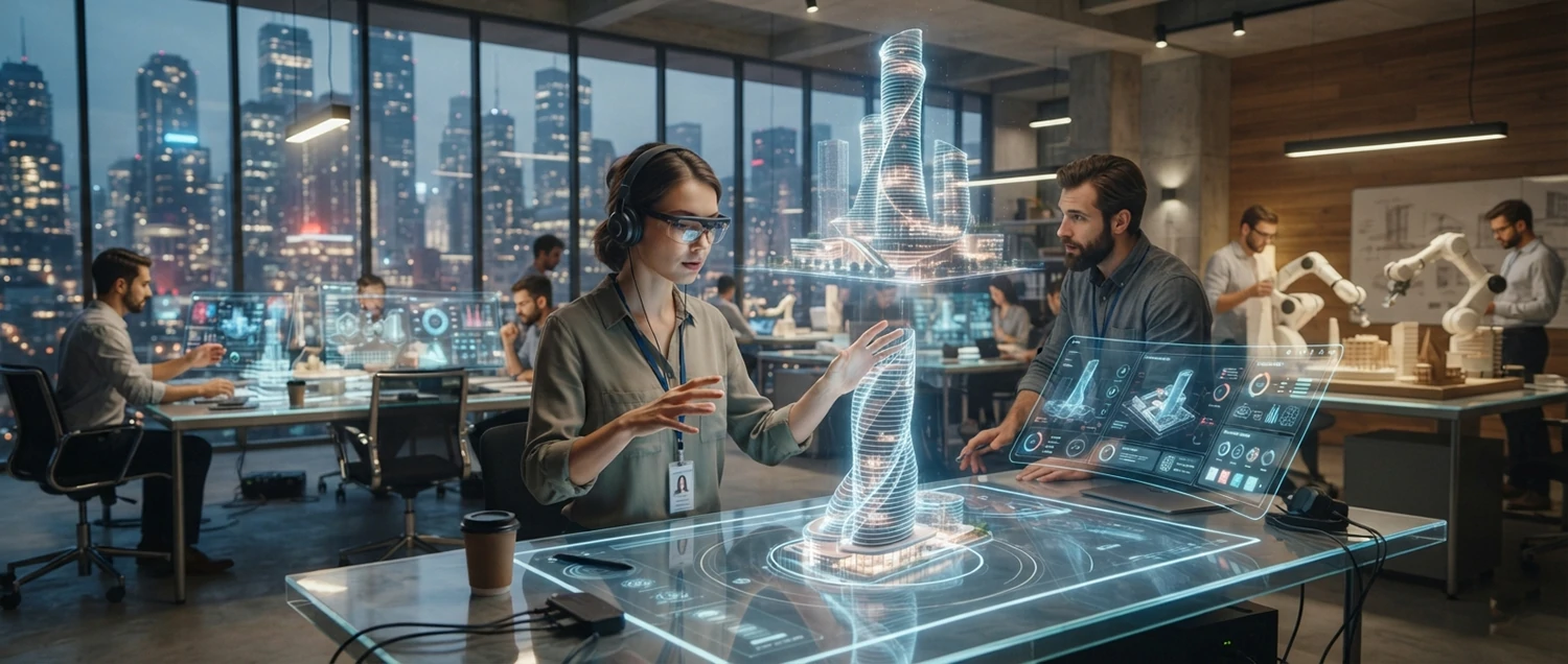 Futuristic concept of AI-integrated architectural design studio and tools