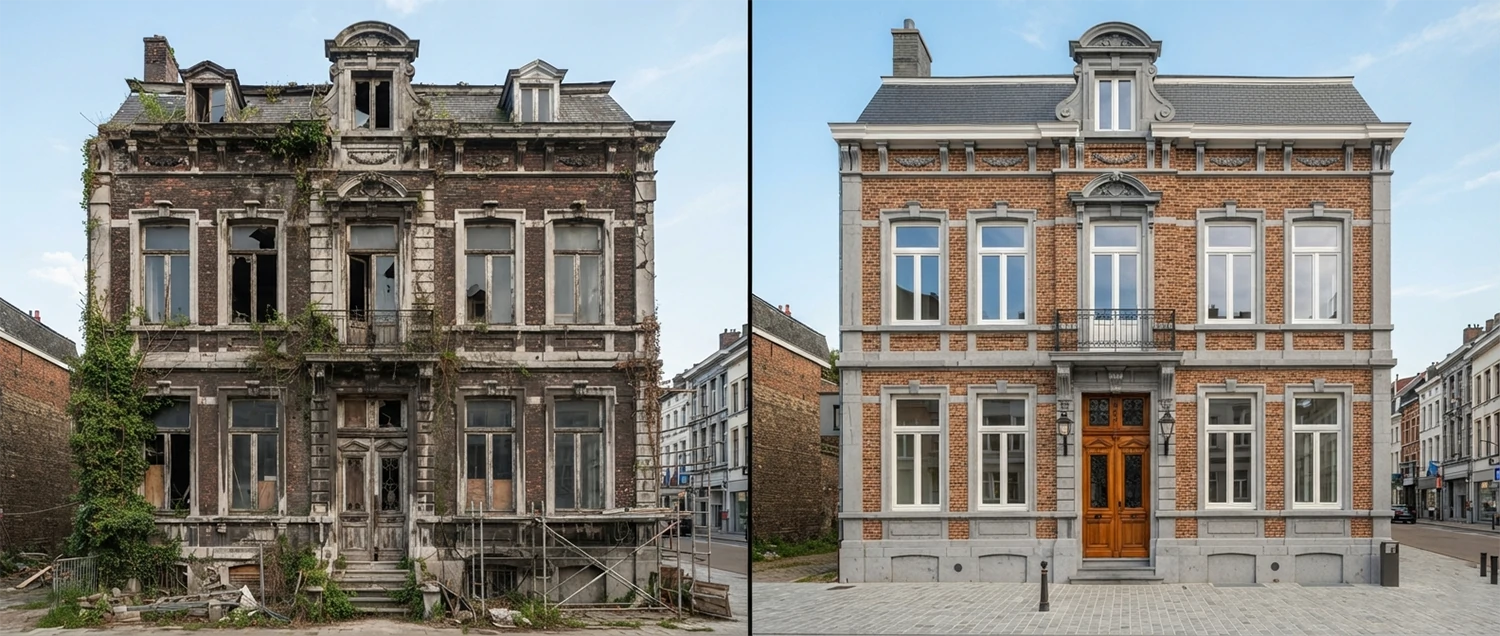 Historic building restoration visualization showing before and after comparison