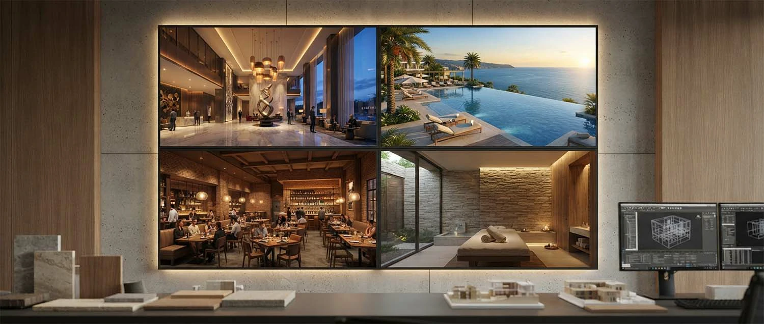 Hospitality renderings showing a hotel lobby with dramatic lighting