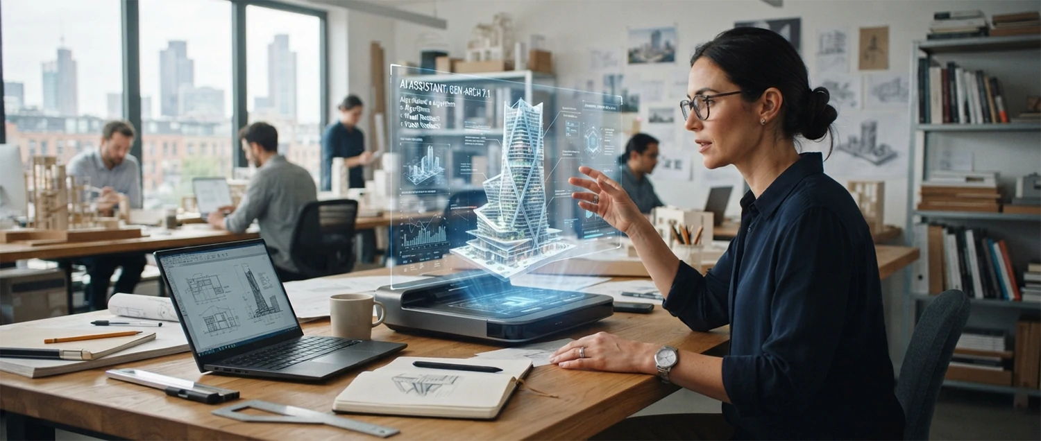 Human architect collaborating with AI technology in modern design studio setting