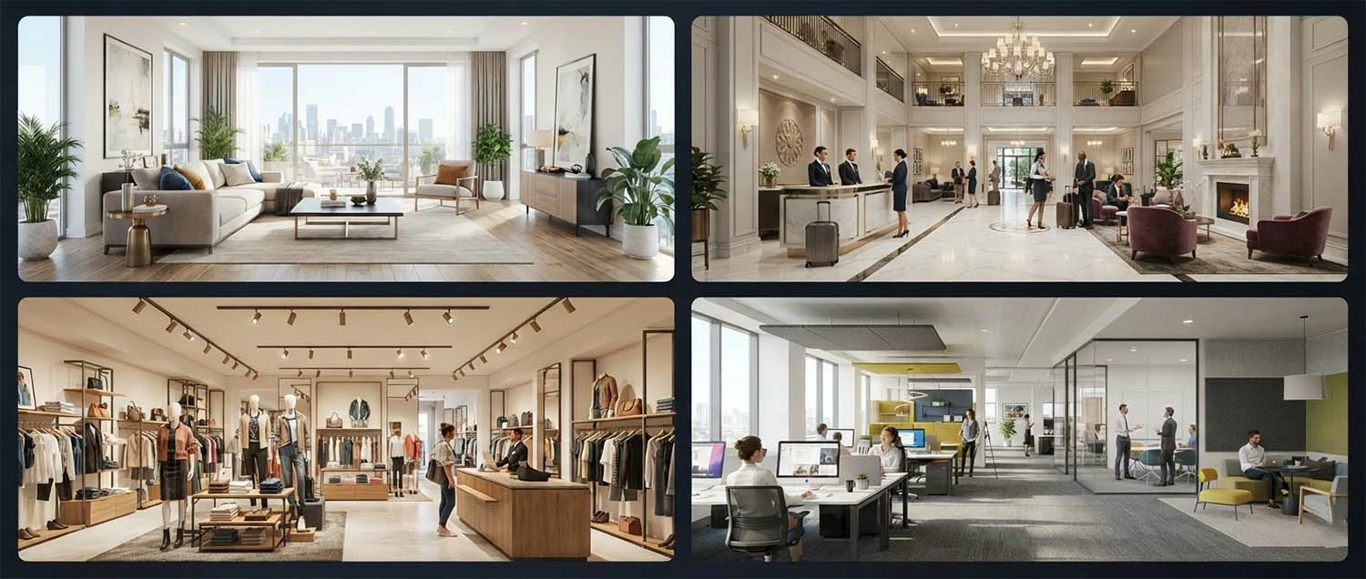 Industry application examples showing a real estate marketing render