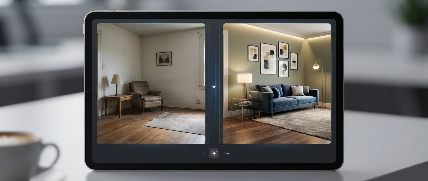 Interior AI interface showing room transformation before and after