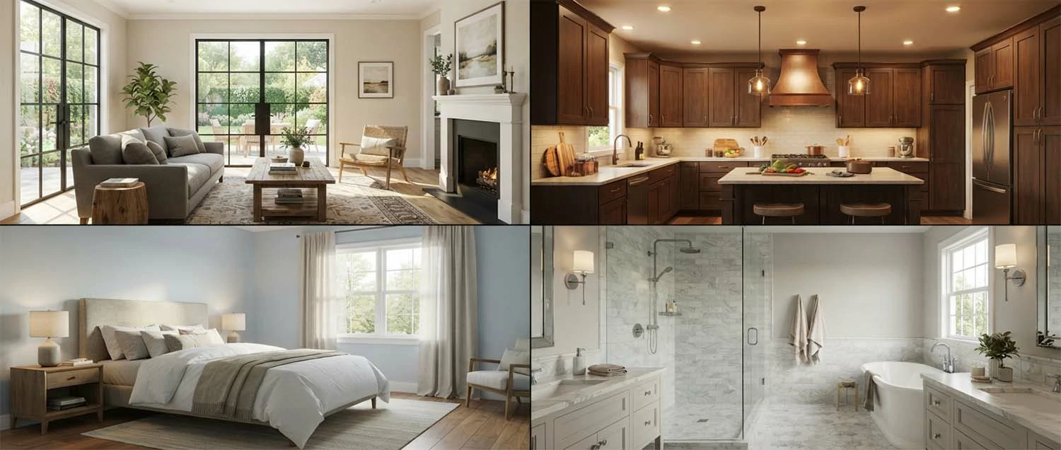 Interior render examples showing a sunlit living room