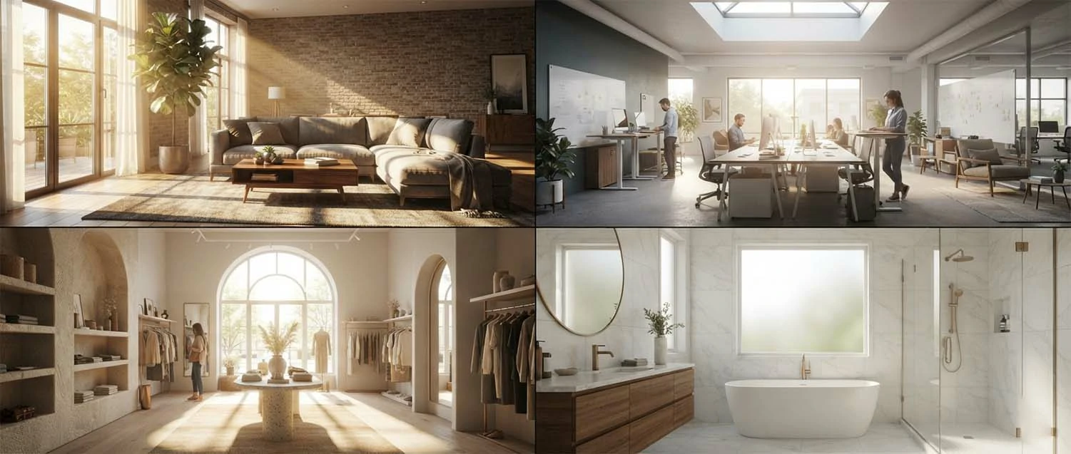 Interior rendering examples showing a residential living room