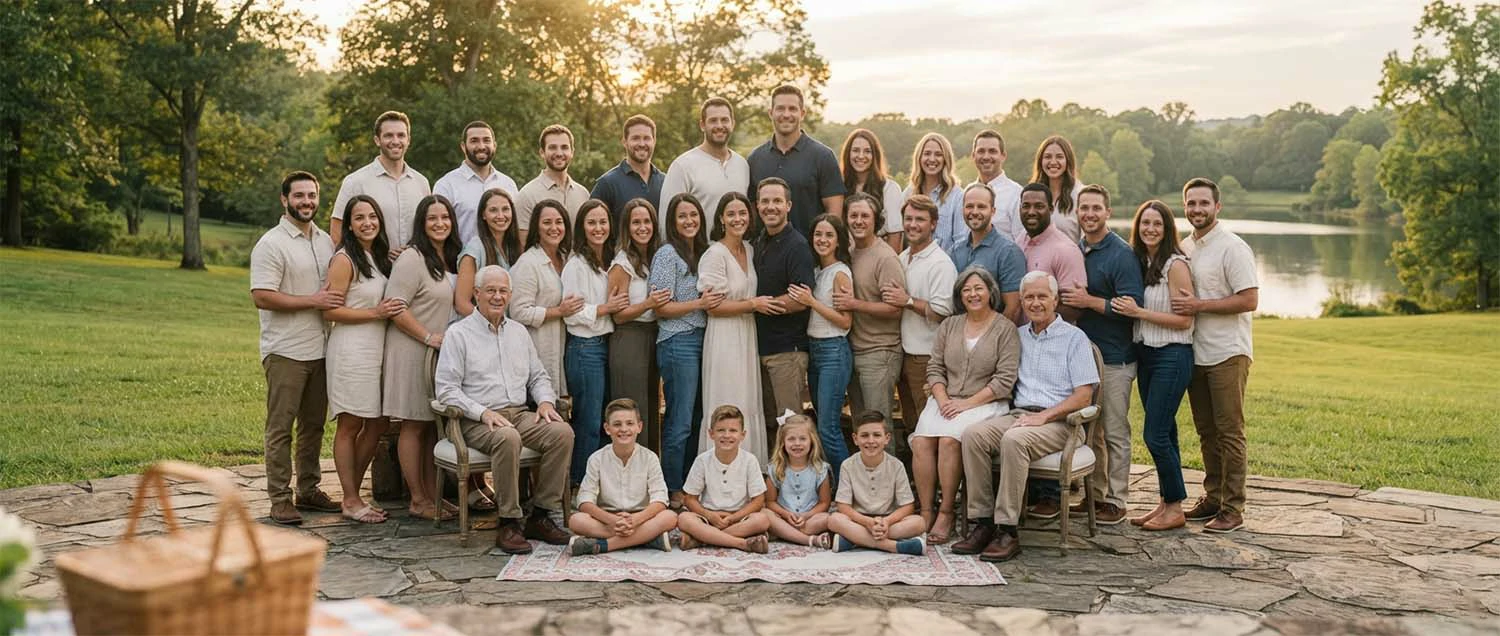 Large group photo shoot with extended family or a team arranged