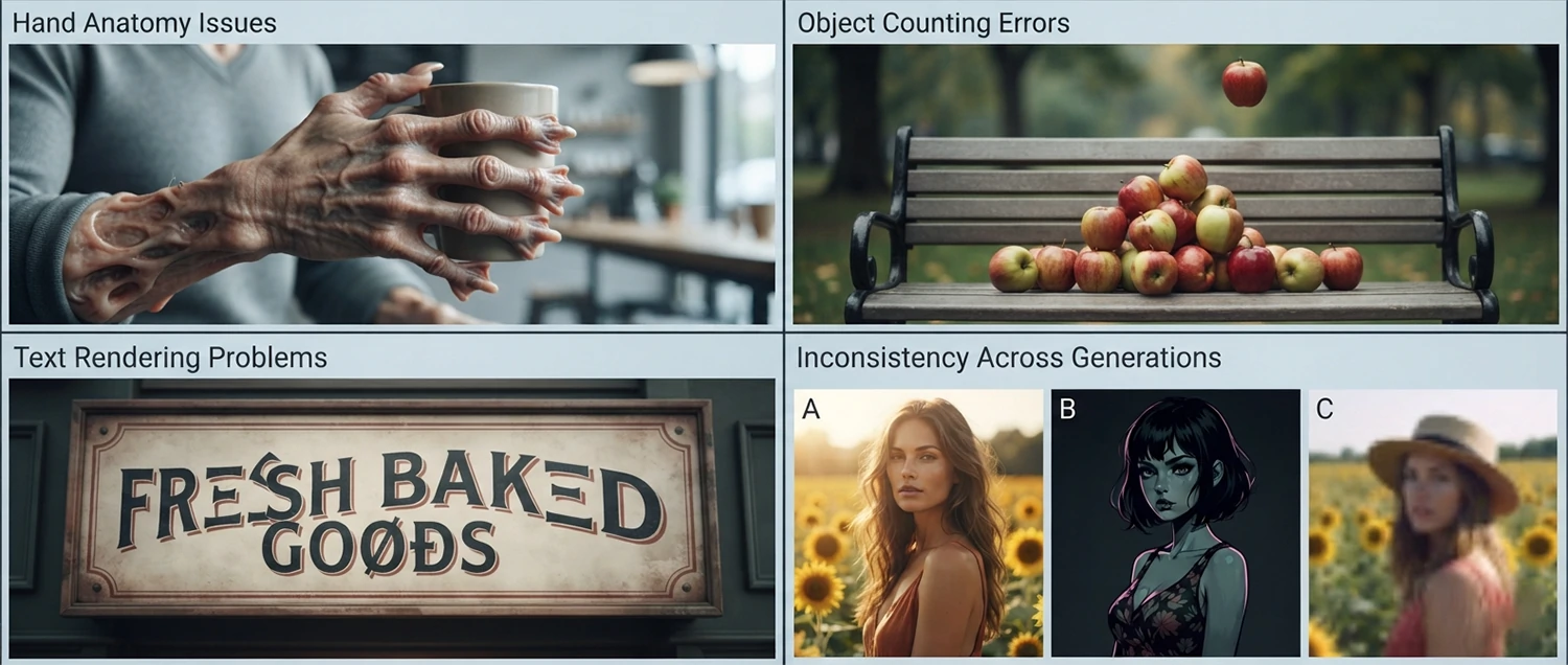 Limitation examples showing common AI generation failures including hand anatomy issues