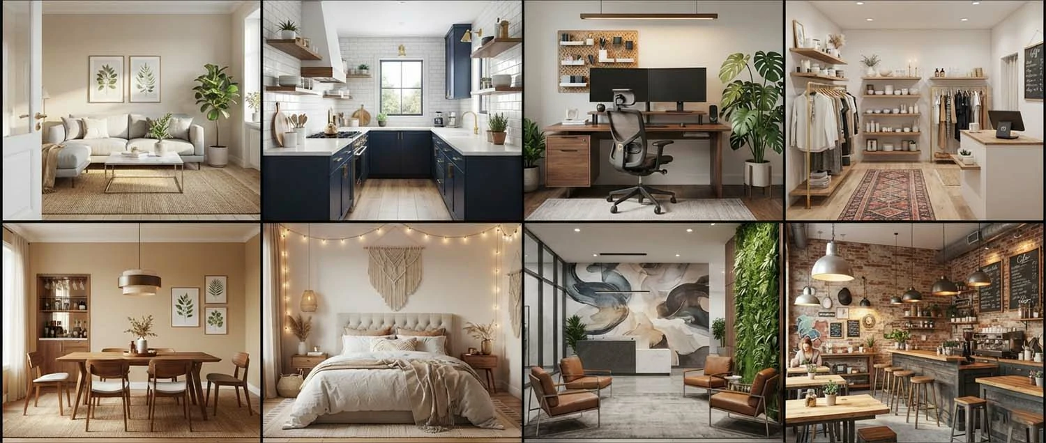 Living rooms, kitchens, offices, and shops all visualized with AI
