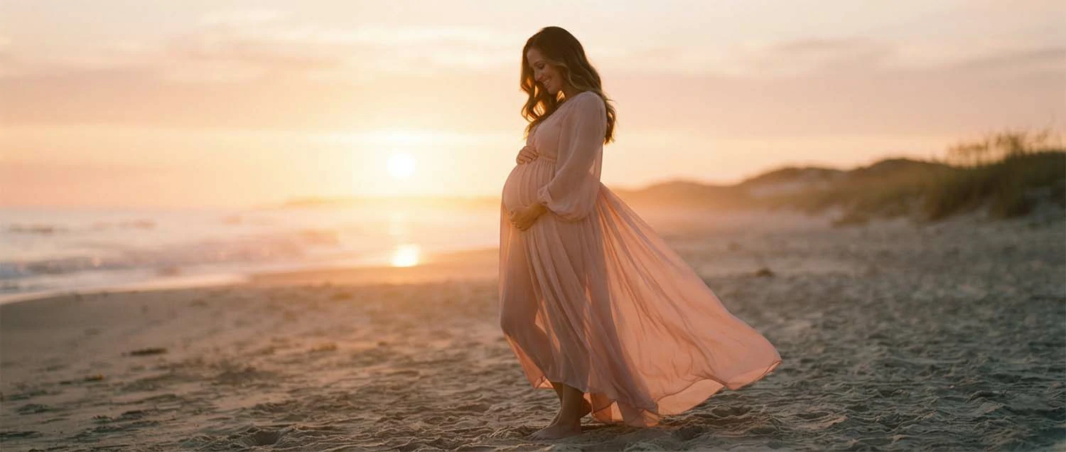 Maternity photo shoot featuring a glowing pregnant mother in a flowing dress outdoors