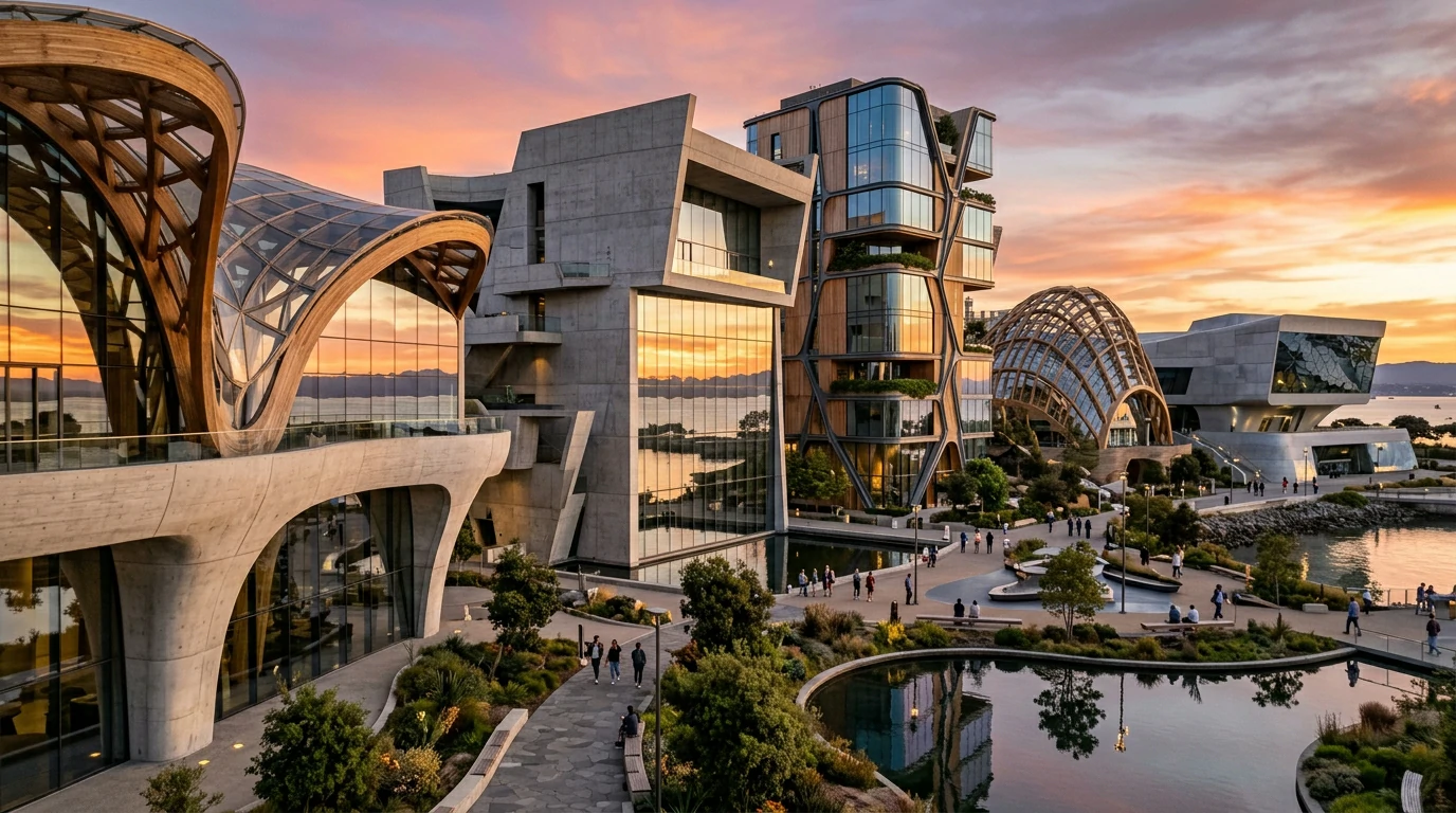 Midjourney-generated architectural concepts showing various building styles and materials