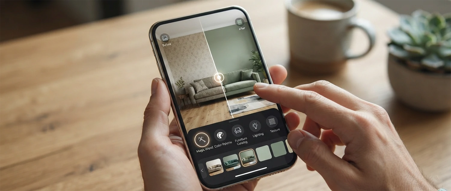 Mobile AI design app interface showing room redesign in progress