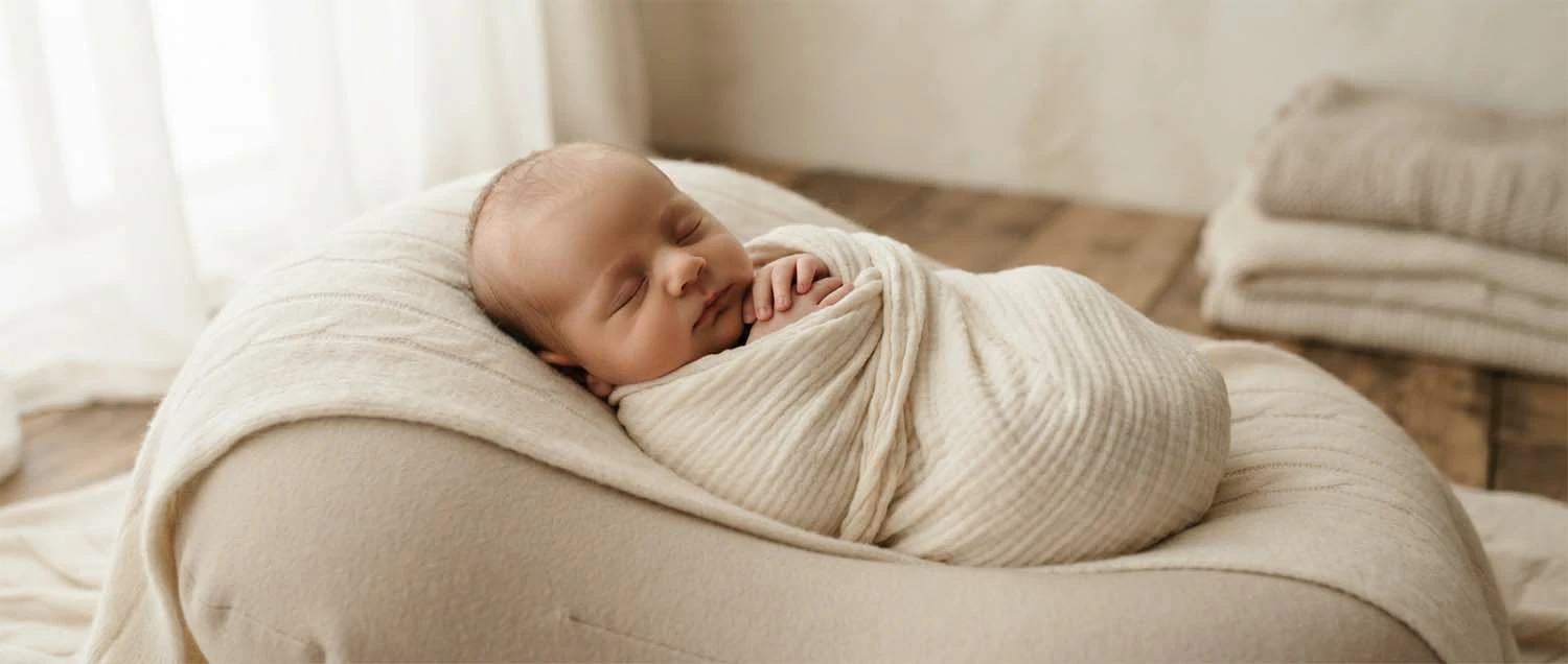 Newborn photo shoot with a sleeping baby wrapped in soft fabric