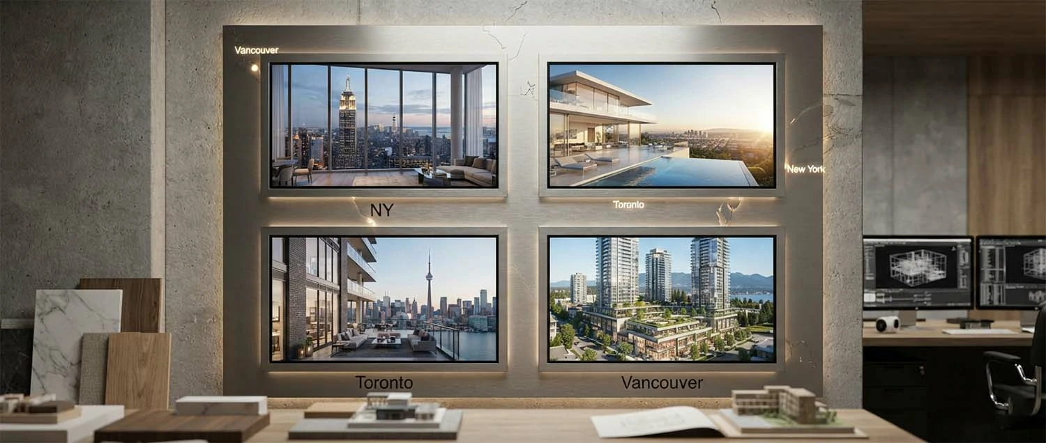 North American city skylines with inset ArchViz studio portfolios showing New York high-rises