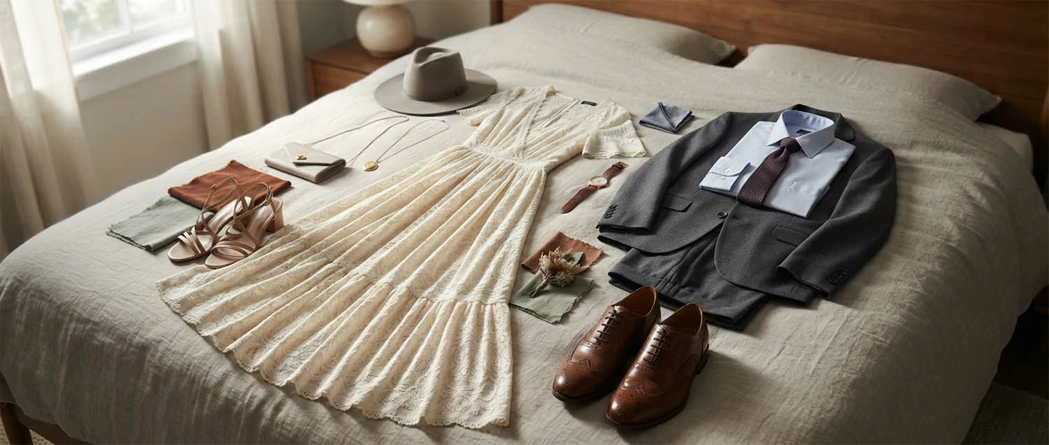 Outfits laid out on a bed being planned for a photo shoot including dresses