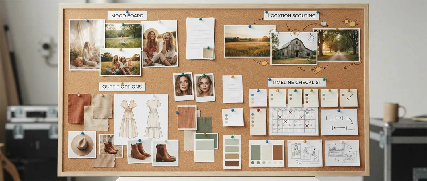 Photo shoot planning board with mood boards outfit options location scouting images
