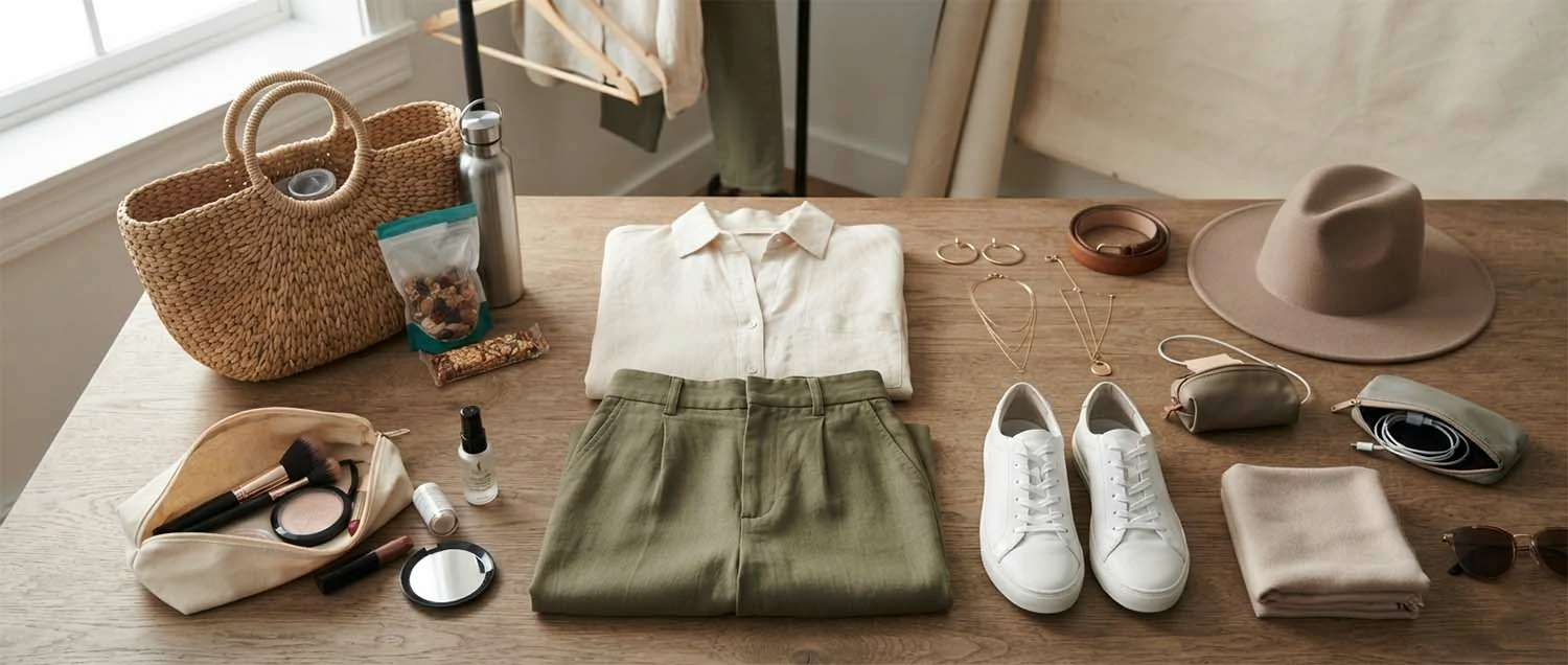 Photo shoot preparation checklist with items laid out including clothing