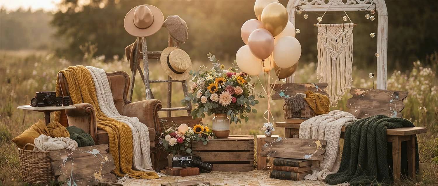 Photo shoot props arranged creatively including flowers balloons hats blankets and signs