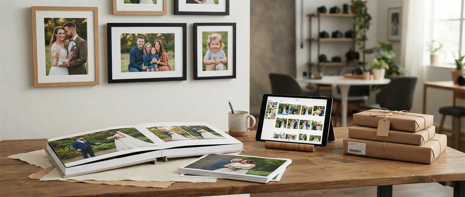 Photography package products displayed including a fine art album