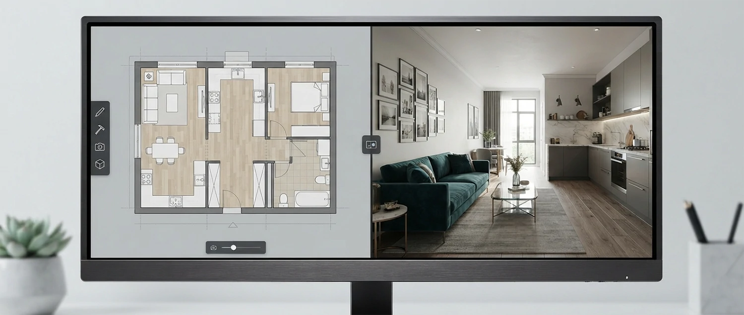 Planner 5D interface showing floor plan creation and 3D visualization