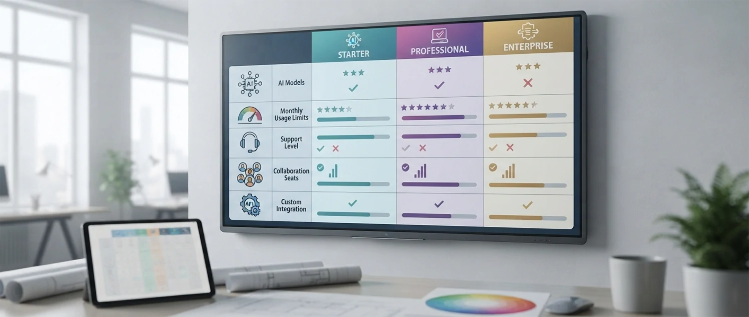 Pricing comparison chart showing different AI tool subscription tiers