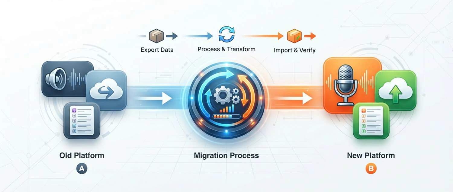 Process flow showing podcast migration from one platform to another