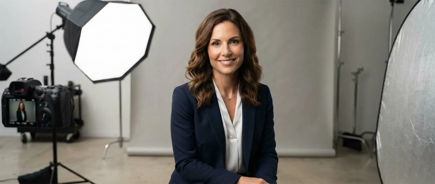 Professional headshot photo shoot showing a subject in business attire against