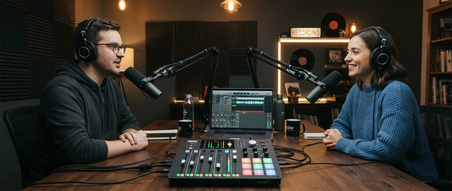 Professional podcast recording setup with microphones and audio equipment