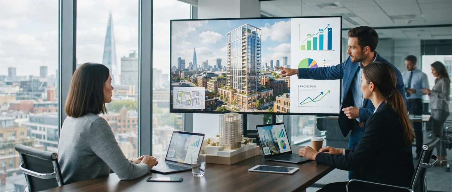 Real estate development visualization showing proposed building with market analysis