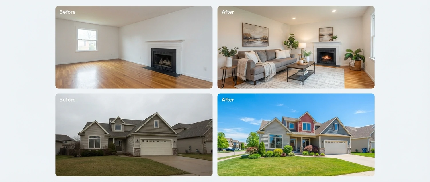 Real estate examples showing AI virtual staging of empty rooms