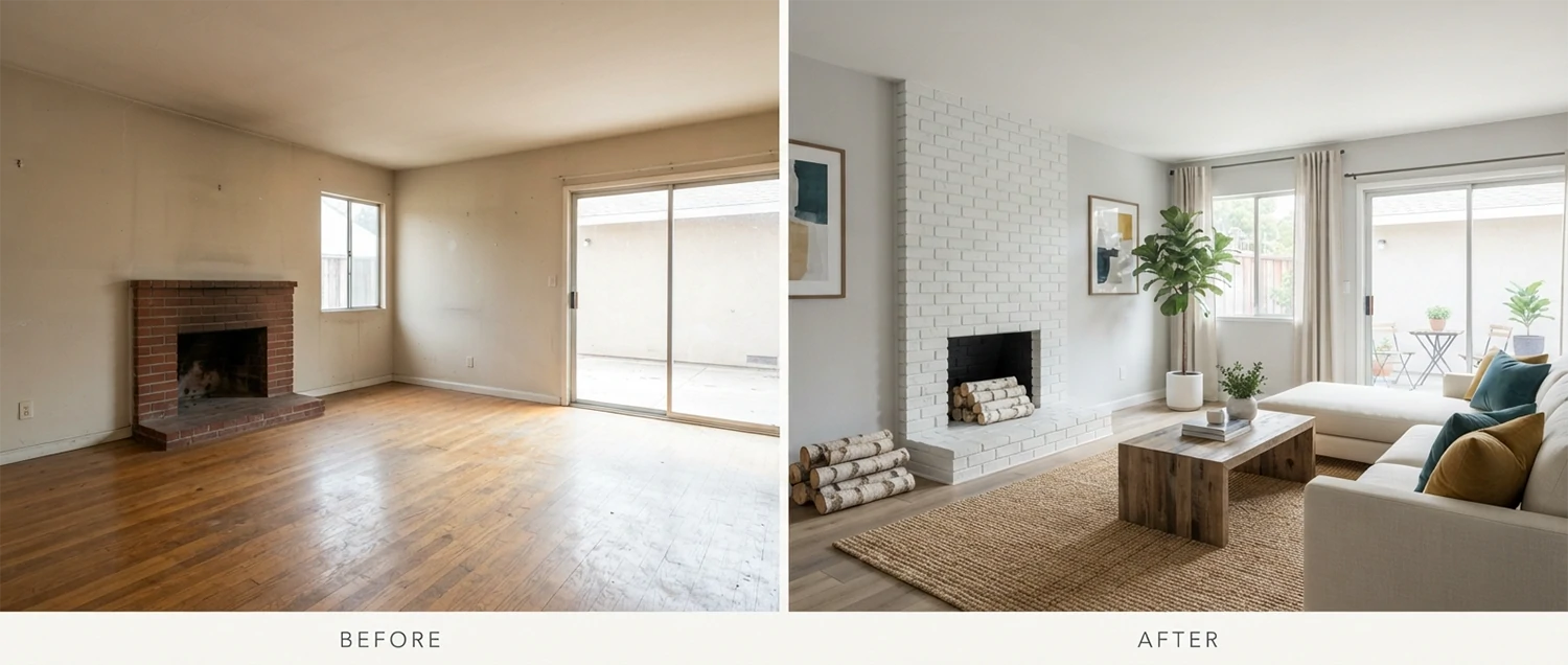 Real estate listing showing before and after AI staging results