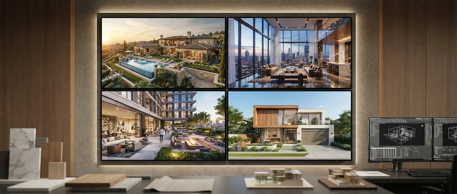 Residential visualization examples showing a luxury estate exterior